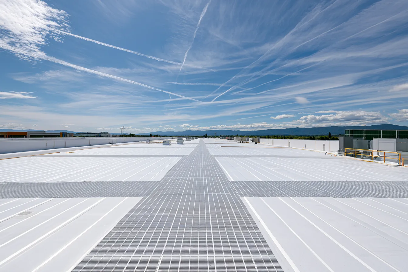 White flat roof with a walkway pad path under a wide dramatic sky