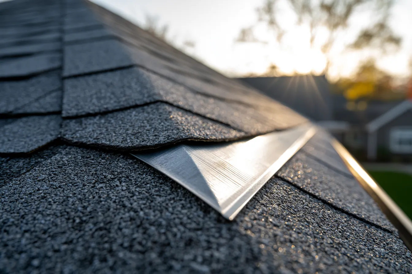 Asphalt shingle courses with metal flashing tucked underneath in close view