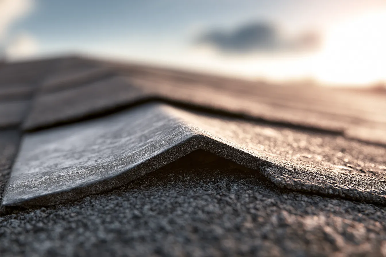 Lifted shingle edge shown close up in low sunlight