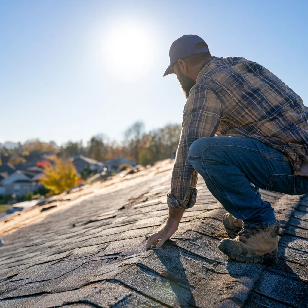 Sunlit roof where an inspector examines shingle condition by hand