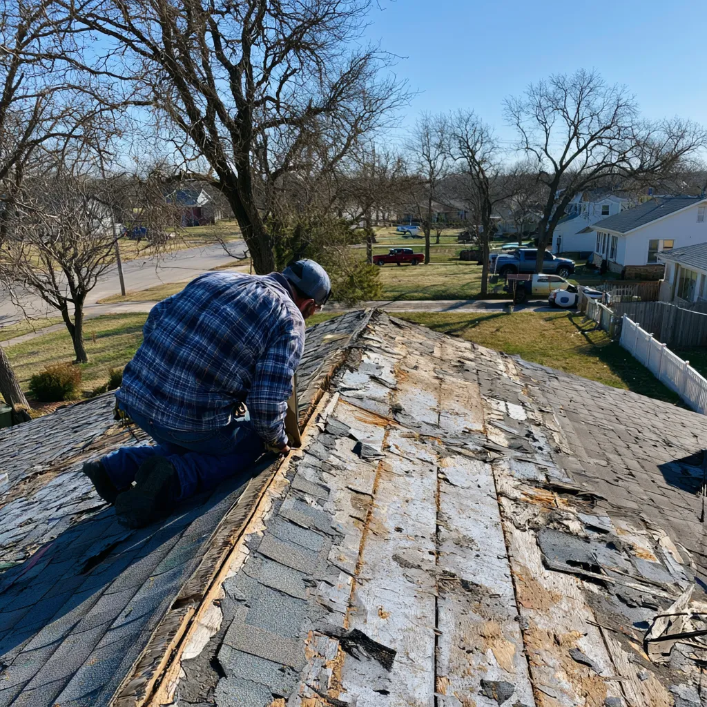 Damaged shingles and exposed wood decking inspected by a roofer