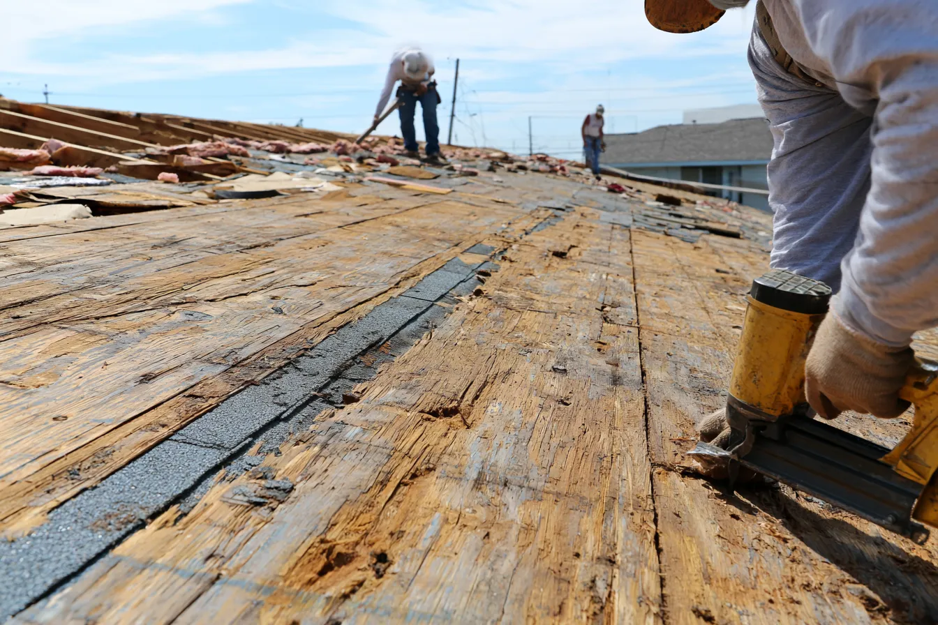 Stripped wood roof deck with roofers working across it