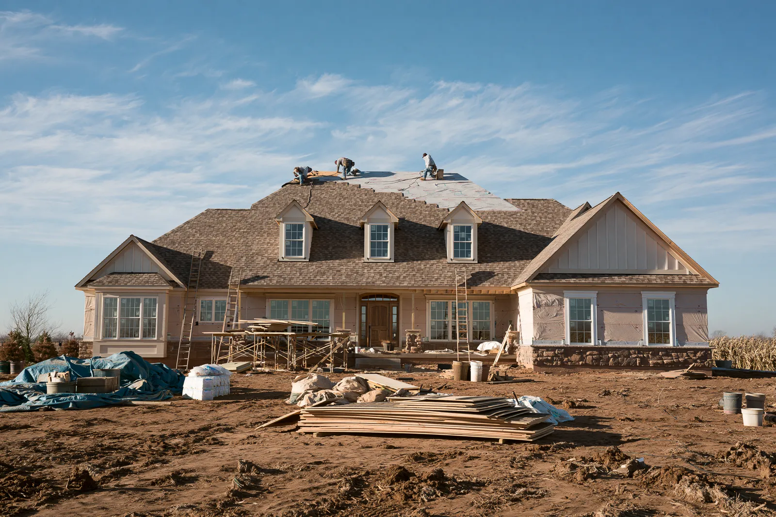 A house under construction with roofers laying underlayment on the roof