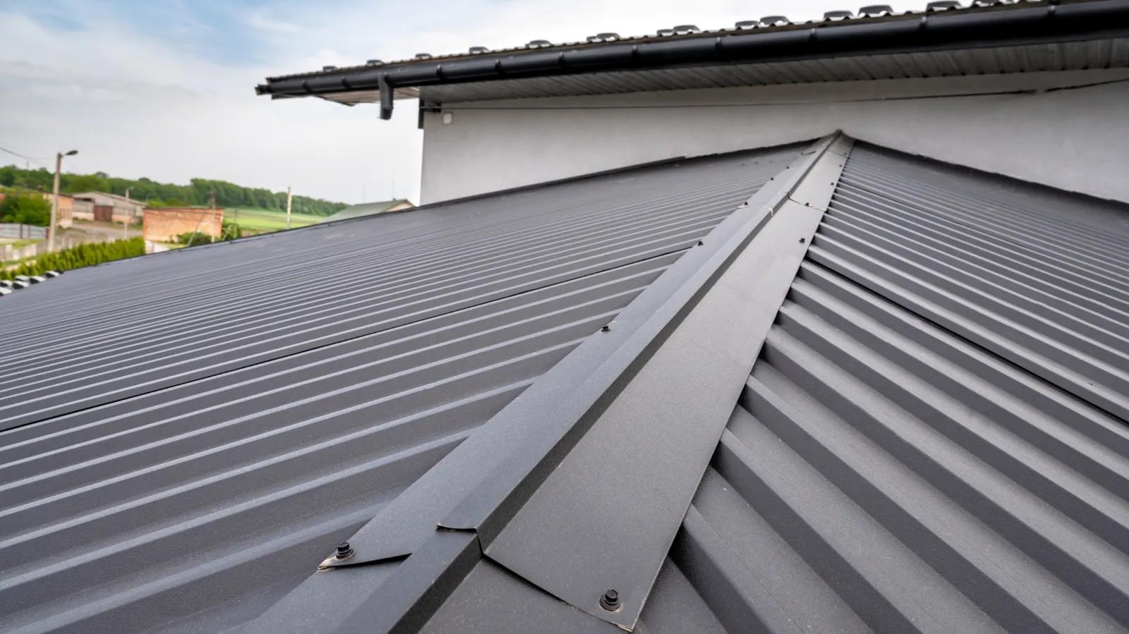 Visible fasteners where dark metal roof panels join at a hip
