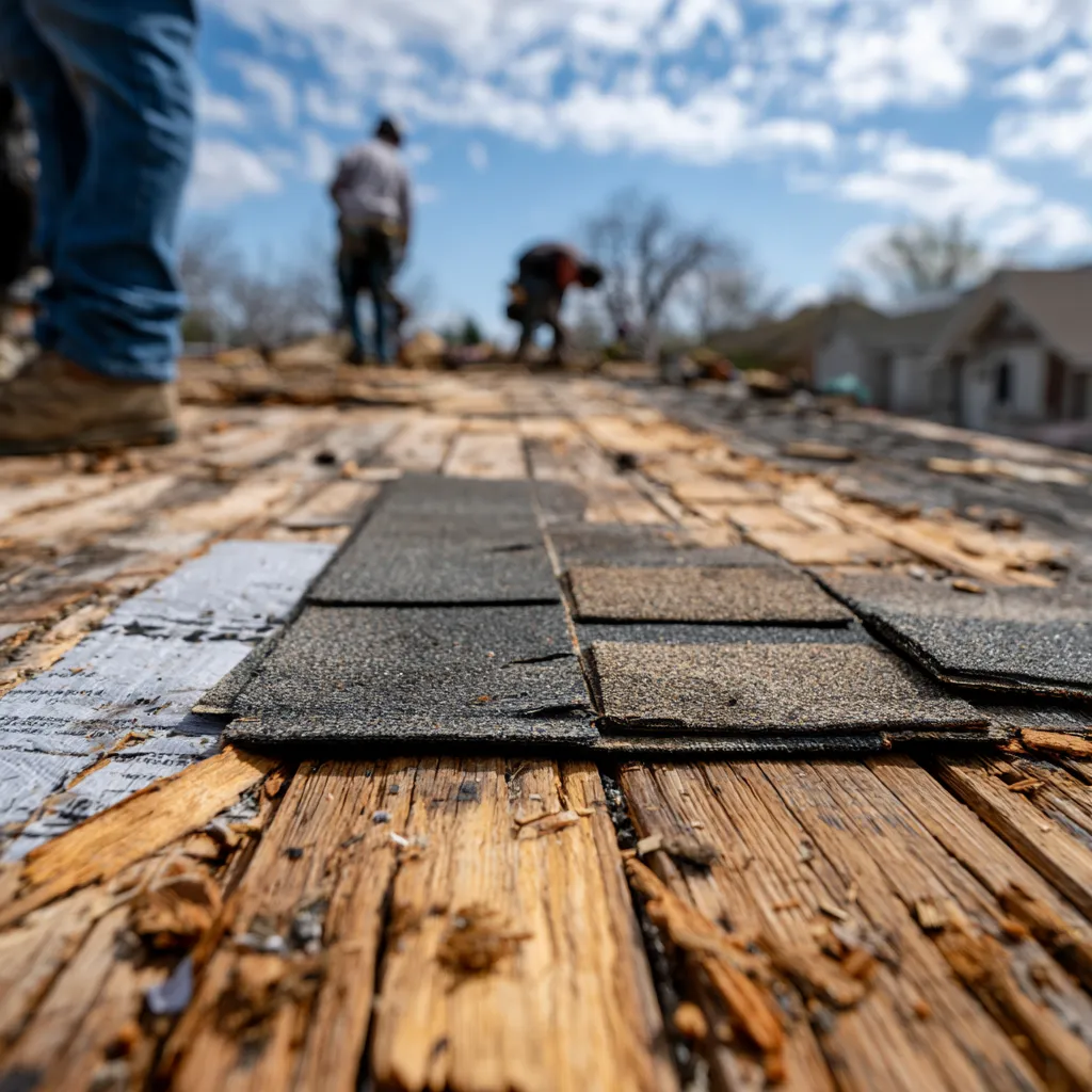 Roofers beyond old plank roof decking exposed during tear-off